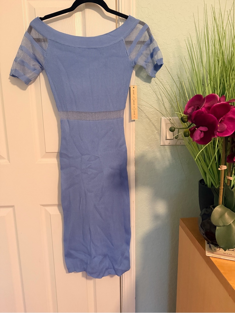 Off-Shoulder Light Blue Ribbed Midi Dress with Sheer Stripe Details
